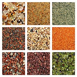 Depiction of sands: glass, dune, quartz, volcanic, biogenic coral, pink coral,volcanic, garnet, olivine.Samples are from the Gobi Desert, Estonia, Hawaii and the mainland United States. (1×1 cm each)[1]