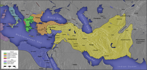 Kingdoms of the Diadochi in 301 BC: the Ptolemaic Kingdom (dark blue), the Seleucid Empire (yellow), Kingdom of Lysimachus (orange), and Kingdom of Macedon (green). Also shown are the Roman Republic (light blue), the Carthaginian Republic (purple), and the Kingdom of Epirus (red).