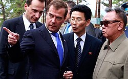 Kim with Russian president Dmitry Medvedev in Sosnovy-Bor Military garrison, Zaigrayevsky District Buriatya on 24 August 2011