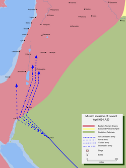 Map detailing Rashidun Caliphate's invasion of the Levant.