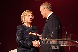 Hillary Clinton being presented with the 2013 Chatham House Prize by Andrew