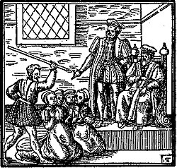 Suspected witches kneeling before King James; Daemonologie (1597)