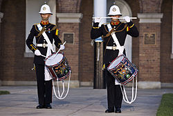 Buglers from the Band of His Majesty's Royal Marines Scotland with Number 1 Full Dress.