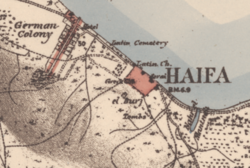 The new German Colony, Haifa is shown prominently in the 1880 PEF Survey of Palestine map.