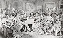 The piano was the centrepiece of social activity for middle-class urbanites in the 19th century (Moritz von Schwind, 1868). The man at the piano is composer Franz Schubert.