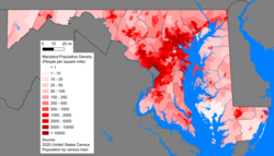 Maryland population distribution map; Maryland's population is concentrated mostly in the Washington–Baltimore combined statistical area.