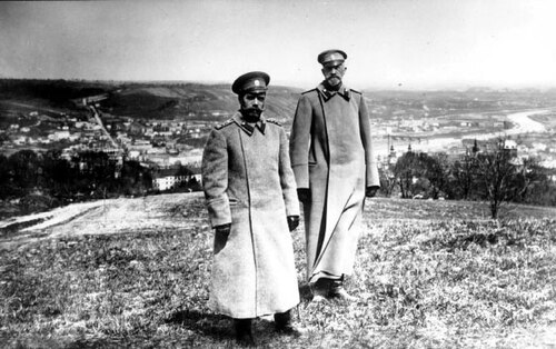 Emperor Nicholas II and Grand Duke Nikolai Nikolaevich during a review of the fortifications of the Przemysl Fortress, April 11, 1915