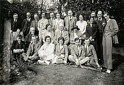 Staff of William Bragg's laboratory in 1931: W. H. Bragg (sitting, center): physicist A. Lebedev (leftmost), G. Gamow (rightmost)