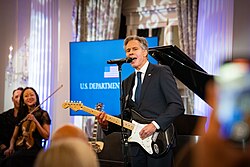 U.S. Secretary of State Antony Blinken performs during launch of the Global Music Diplomacy Initiative