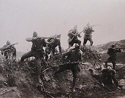 A photograph of Hellenic Army troops advancing on Nationalist positions during the 1920 Greek Summer Offensive