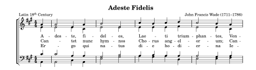 Hymn-style arrangement of "Adeste Fideles" in standard two-staff format (bass staff and treble staff) for mixed voices