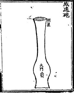 A depiction of an early vase-shaped cannon (shown here as the "Long-range Awe-inspiring Cannon"(威遠砲)) complete with a crude sight and an ignition port dated from around 1350 AD. The illustration is from the 14th century Ming Dynasty book Huolongjing.[5]