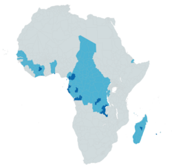 Official status of French in Africa as of 2025: Countries in which it is an official de jure language Regions in which is spoken as a native language