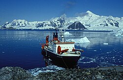German research vessel RV Polarstern at the wharf of the British Rothera Research Station
