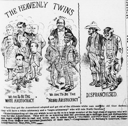 1900 political cartoon criticizing North Carolina's literacy test for creating political "aristocracy"