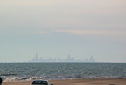 The Chicago skyline viewed across Lake Michigan from Lake Street Beach in Gary's Miller Beach neighborhood