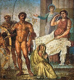 Punishment of Ixion: in the center is Mercury holding the caduceus and on the right Juno sits on her throne. Behind her Iris stands and gestures. On the left is Vulcan (blond figure) standing behind the wheel, manning it, with Ixion already tied to it. Nephele sits at Mercury's feet; a Roman fresco from the eastern wall of the triclinium in the House of the Vettii, Pompeii, Fourth Style (60–79 AD).