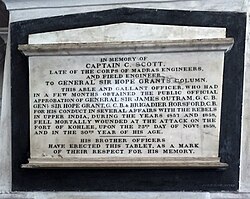 Captain C Scott of the Gen. Sir. Hope Grant's Column, Madras Regiment, who fell on the attack of Fort of Kohlee, 1858. Memorial at the St. Mary's Church, Madras