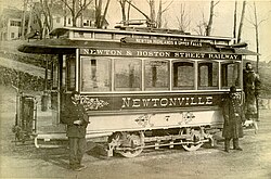 A Newton and Boston Street Railway trolley car in Newton, Massachusetts