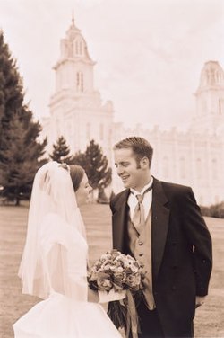 A couple after their marriage in the Manti Utah Temple. The church teaches that marriages, or sealings, performed in their temples may continue after death.