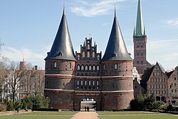 The Holstentor of Lübeck, built in 1464, is the only historic gate of the city still standing today.