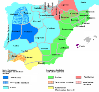 Linguistic map: This shows the Linguistic variation of the Iberian Peninsula at about 200 BC (at the end of the Second Punic War).