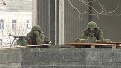 Russian soldiers without markings occupying the Crimean parliament building, 1 March 2014