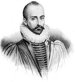 Philosophical ideas in Hamlet are similar to those of the French writer Michel de Montaigne, a contemporary of Shakespeare's (artist: Thomas de Leu, fl. 1560–1612).