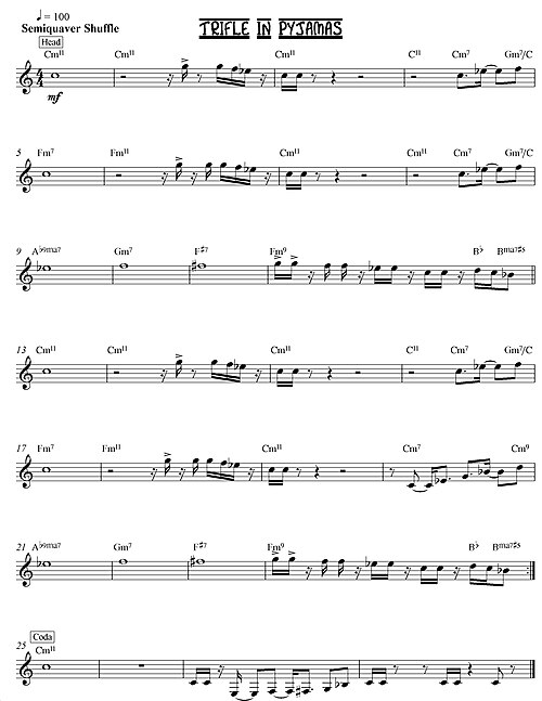 The lead sheet for the song "Trifle in Pyjamas" shows only the melody and chord symbols. To play this song, a jazz band's rhythm section musicians would improvise chord voicings and a bassline using the chord symbols. The lead instruments, such as sax or trumpet, would improvise ornaments to make the melody more interesting, and then improvise a solo part.