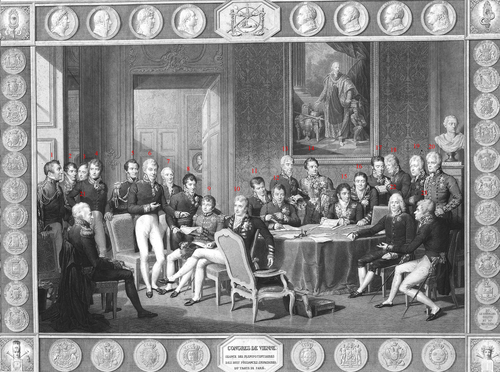 Delegates of the Congress of Vienna in a contemporary engraving by Jean Godefroy after the painting by Jean-Baptiste Isabey: Britain: Arthur Wellesley, 1st Duke of Wellington Portugal: Joaquim Lobo Silveira, 7th Count of Oriola Portugal: António de Saldanha da Gama, Count of Porto Santo Sweden: Count Carl Löwenhielm France: Louis Joseph Alexis, Comte de Noailles [fr] Austria: Klemens Wenzel, Prince von Metternich France: Frédéric-Séraphin de La Tour du Pin Gouverne [fr] Russia: Count Karl Robert Nesselrode Portugal: Pedro de Sousa Holstein, 1st Count of Palmela Britain: Robert Stewart, Viscount Castlereagh France: Emmerich Joseph, Duke of Dalberg Austria: Baron Johann von Wessenberg Russia: Prince Andrey Kirillovich Razumovsky Britain: Charles Stewart, 1st Baron Stewart Spain: Pedro Gómez Labrador, 1st Marquess of Labrador Britain: Richard Le Poer Trench, 2nd Earl of ClancartyNikolaus von Wacken [de] (Recorder) Austria: Friedrich von Gentz (Congress Secretary) Prussia: Baron Wilhelm von Humboldt Britain: William Cathcart, 1st Earl Cathcart Prussia: Prince Karl August von Hardenberg France: Charles Maurice de Talleyrand-Périgord Russia: Count Gustav Ernst von Stackelberg