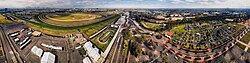 Aerial panorama of Flemington Racecourse along the Maribyrnong, 2018