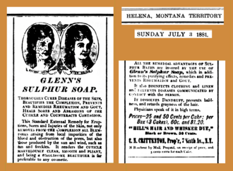 Sulfur has antifungal, antibacterial, and keratolytic activity; in the past it was used against acne vulgaris, rosacea, seborrheic dermatitis, dandruff, pityriasis versicolor, scabies, and warts.[109] This 1881 advertisement baselessly claims efficacy against rheumatism, gout, baldness, and graying of hair.