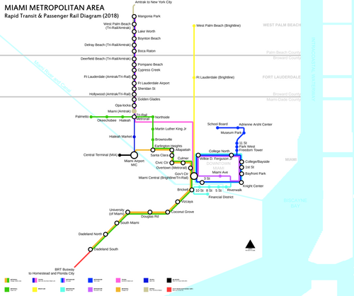 Schematic of rapid transit and passenger rail service in the Miami area in 2018. Tri-Rail's Downtown Miami Link (shown in pink) became operational on January 13, 2024.[36]