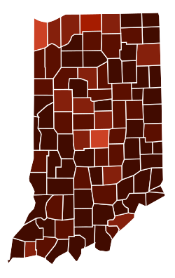 Map of counties in Indiana by racial plurality, per the 2020 U.S. census Non-Hispanic White 50–60% 60–70% 70–80% 80–90% 90%+