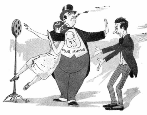 When broadcasting began in 1920, music was played on air without regard to its copyright status. Music publishers challenged this practice as being copyright infringement, which for a time kept many popular tunes off the air, and this 1925 U.S. editorial cartoon shows a rich publisher muzzling two radio performers. The radio industry eventually agreed to make royalty payments.