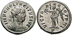 A Roman imperial coin of Marcus Claudius Tacitus, who ruled briefly from 275 to 276, follows the convention of obverse and reverse coin traditions. Legend: IMP C M CL TACITVS AVG / VICTORIA GOTTHI