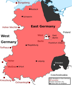 Reception area of the West German TV channel Deutsches Fernsehen (nowadays Das Erste) (red) within East Germany before reunification. ARD was jokingly referred to as Außer (except) Rügen und Dresden by East Germans. The main transmitters appear in red. Areas with no reception (dark grey) were jokingly referred to as "Valley of the Clueless" (Tal der Ahnungslosen).