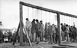 Soviet partisans hanged by the German army. The Russian Academy of Sciences reported in 1995 that civilian victims in the Soviet Union at German hands totalled 13.7 million dead, twenty per cent of the 68 million people in the occupied Soviet Union.