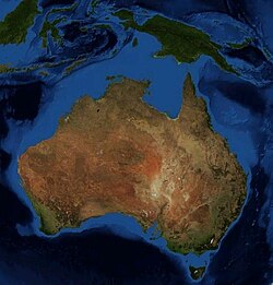 Mainland Australia showing the continental Sahul Shelf (light blue) extending to the islands of New Guinea in the north, the island of Timor in the northwest, and Tasmania in the south
