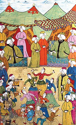 Musicians and dancers entertaining the crowds, from the Surname-i Hümayun, 1720
