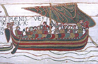 Image from the Bayeux Tapestry showing a longship with a steering oar on the starboard side.[4]