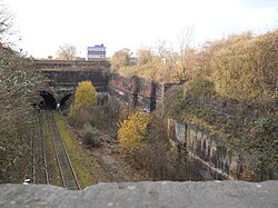 The three eastern portals of Liverpool Edge Hill tunnels, built into a hand-dug deep cutting. The left tunnel with tracks is the short 1846 second Crown Street Tunnel, still used for shunting. In the center, partially hidden by undergrowth, is the disused 2.03 km (1.26 mi) 1829 Wapping Tunnel. On the right, hidden by undergrowth, is the disused original short 1829 Crown Street Tunnel.