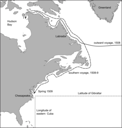 Presumed course of Sebastian Cabot's voyage of 1508–9, based on Peter Martyr's 1516 account and subsequent references to it.