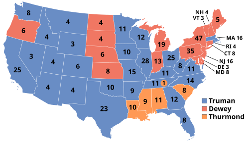 1948 electoral votes by state. The Dixiecrats carried Louisiana, Mississippi, Alabama, and South Carolina, and received one additional electoral vote in Tennessee (colored in orange). States in blue voted for Democrats Harry S. Truman and Alben W. Barkley; those in red voted for Republicans Thomas E. Dewey and Earl Warren.
