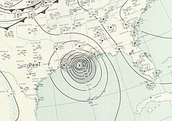 Weather map of Hurricane Betsy shortly after landfall in Southeast Louisiana on September 10