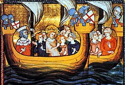 Manuscript illumination of a fleet manned with men, including one wearing a crown