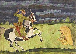 Sikh contemporary or near-contemporary art depiction of Guru Gobind Singh hunting Asiatic lion