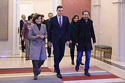 Ribera with Spanish Prime Minister Pedro Sánchez, Deputy Prime Minister Carmen Calvo and Podemos leader Pablo Iglesias Turrión, 14 January 2020