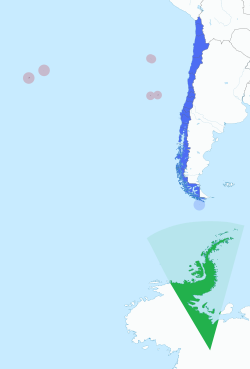 Map of the three areas dividing the Chilean territory:In blue: Continental ChileIn red: Insular ChileIn green: Antarctic Chile