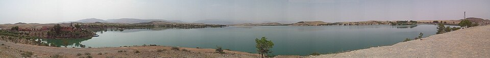 A panoramic picture of the artificial lake of Lalla Takerkoust near Barrage Cavagnac, with the hydroelectric dam (far right)
